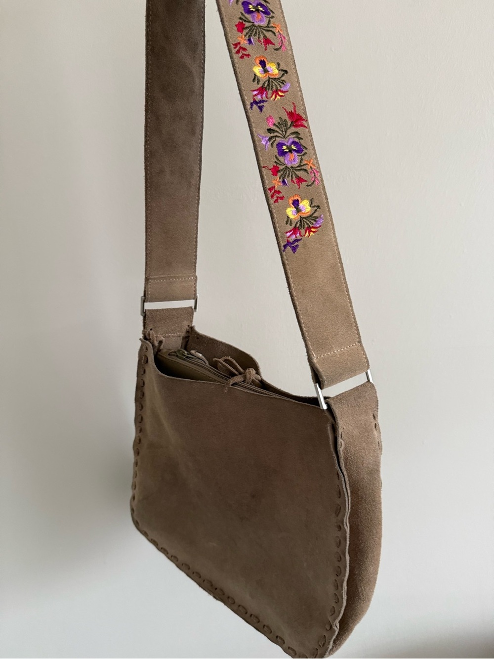 Jeanne Lottie Vintage Y2K Embroidered Strap Suede Hobo Shoulder Bag Tan